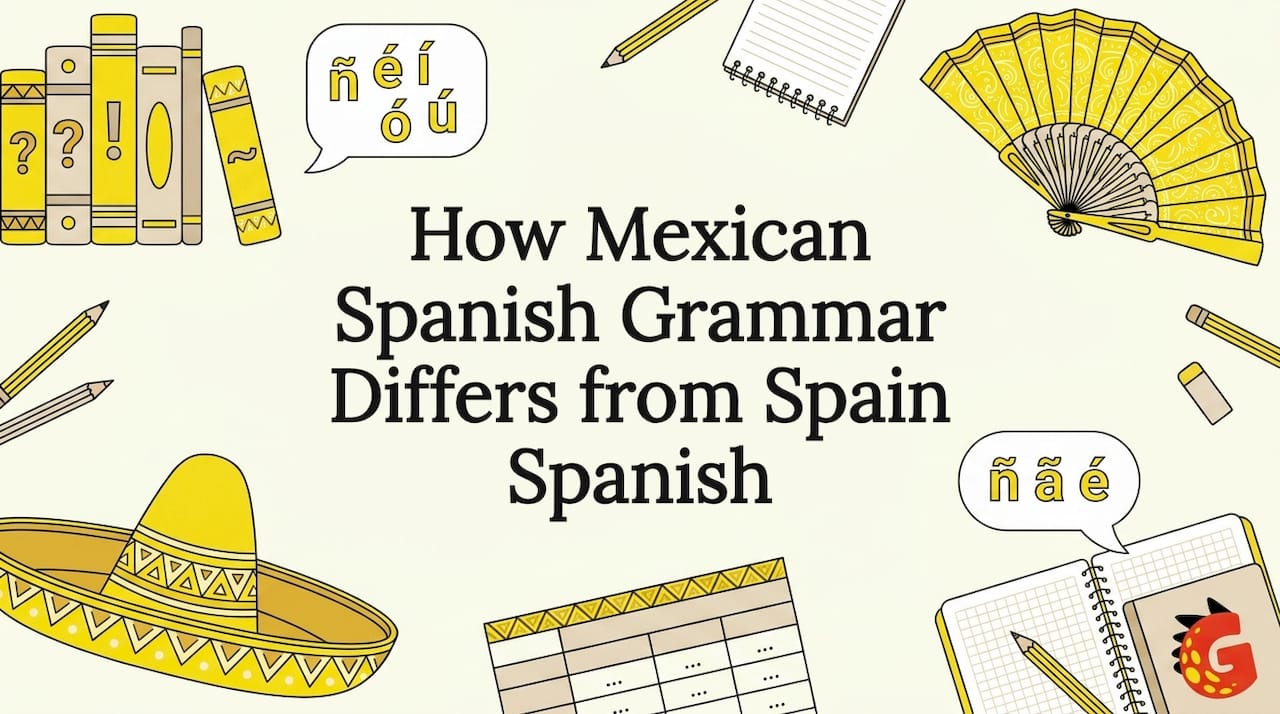 Title card illustration with Spanish language icons and book stacks