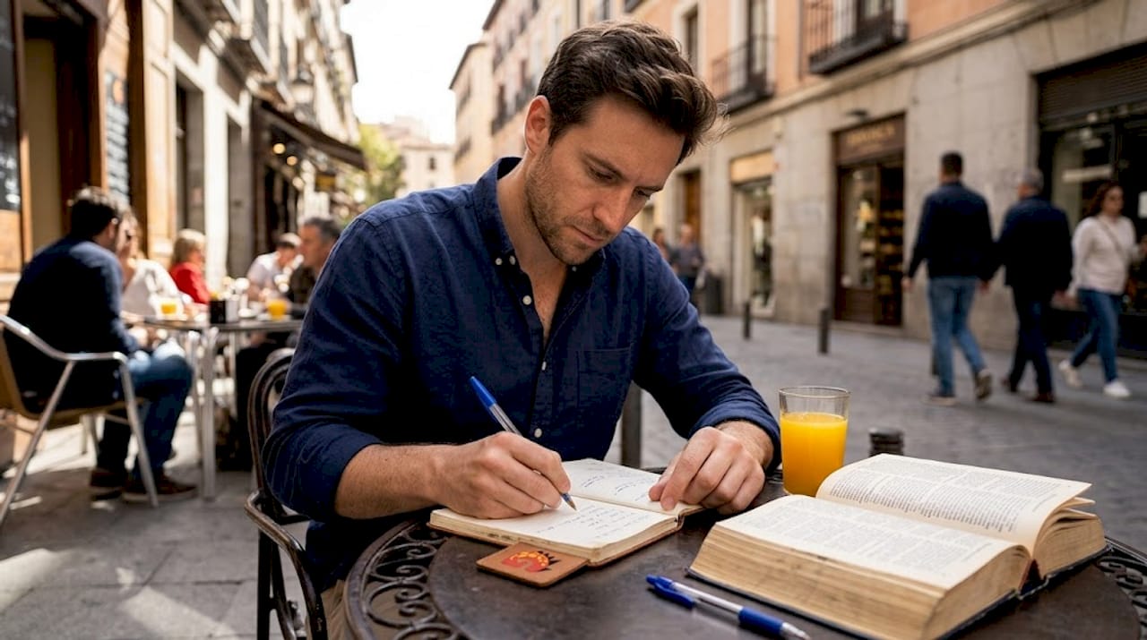 Expat practicing Spanish at Madrid café