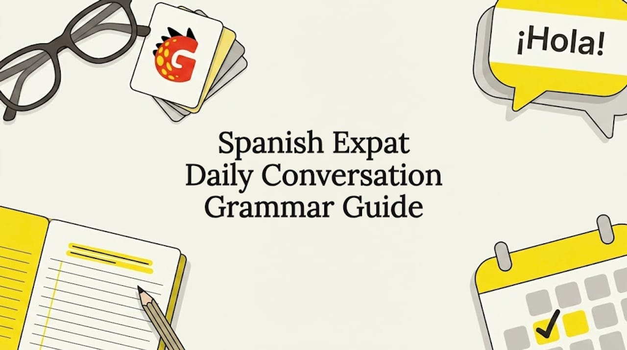 Decorative title card illustration with Spanish study elements