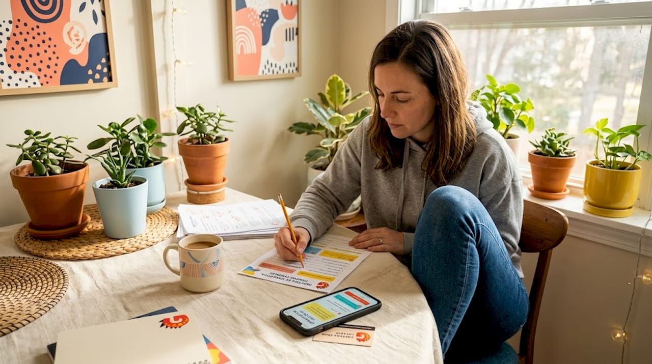 Woman studying Spanish grammar at kitchen table