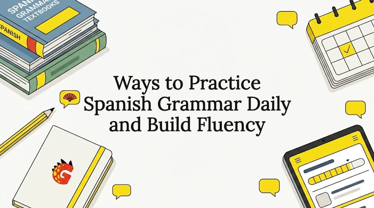 Spanish grammar title card illustration