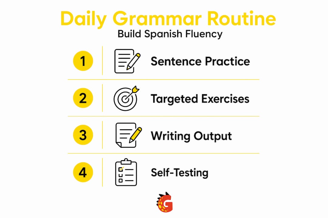 Infographic showing daily Spanish grammar routine steps