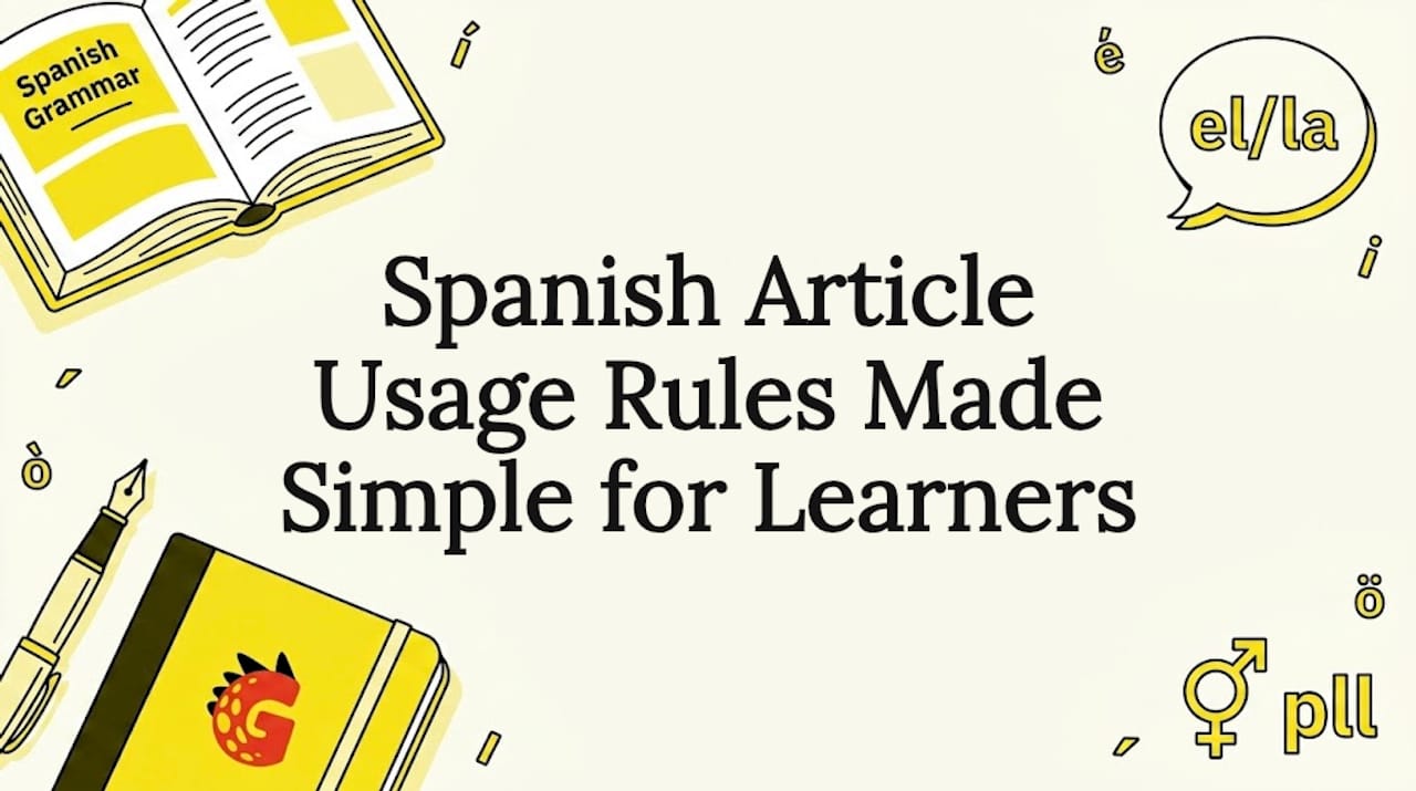 Decorative title card with Spanish grammar icons