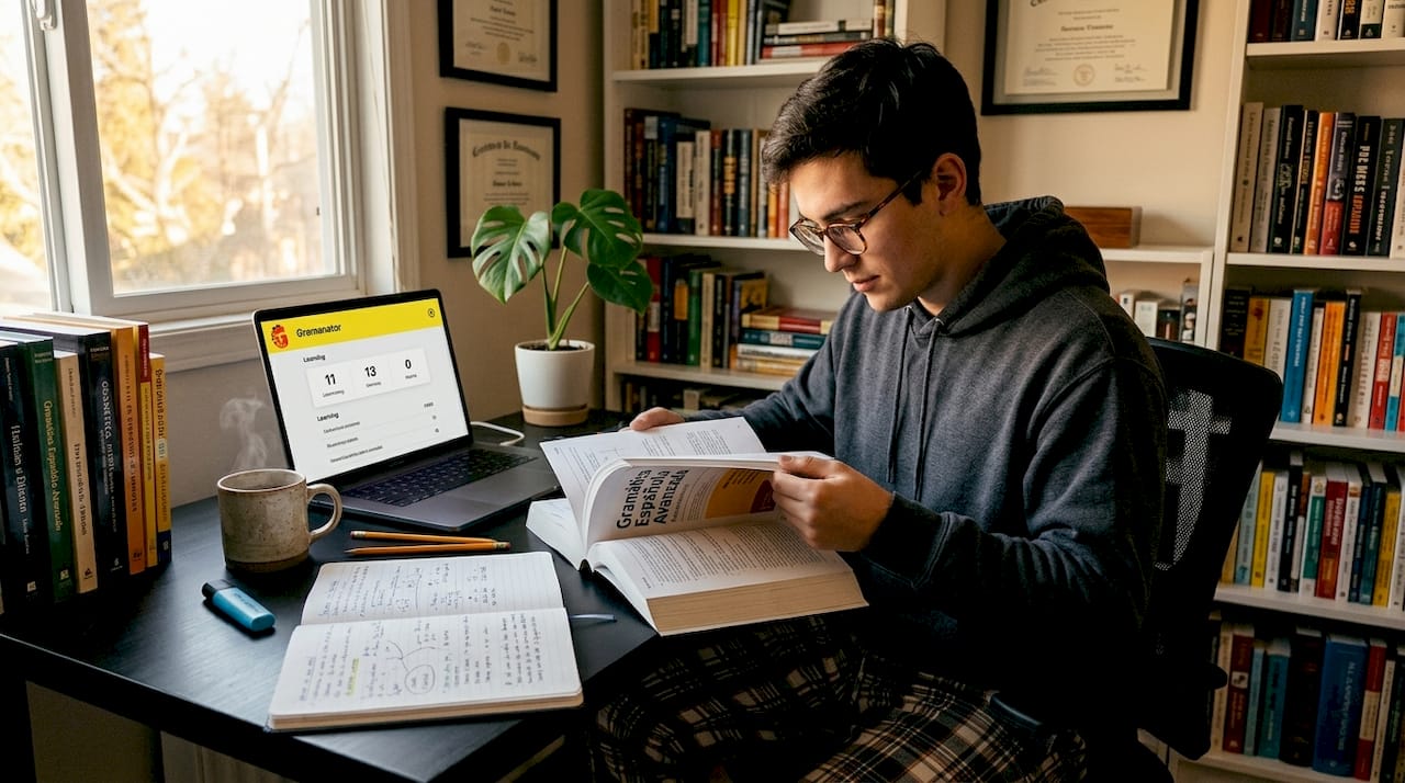 Spanish learner studying grammar at kitchen table