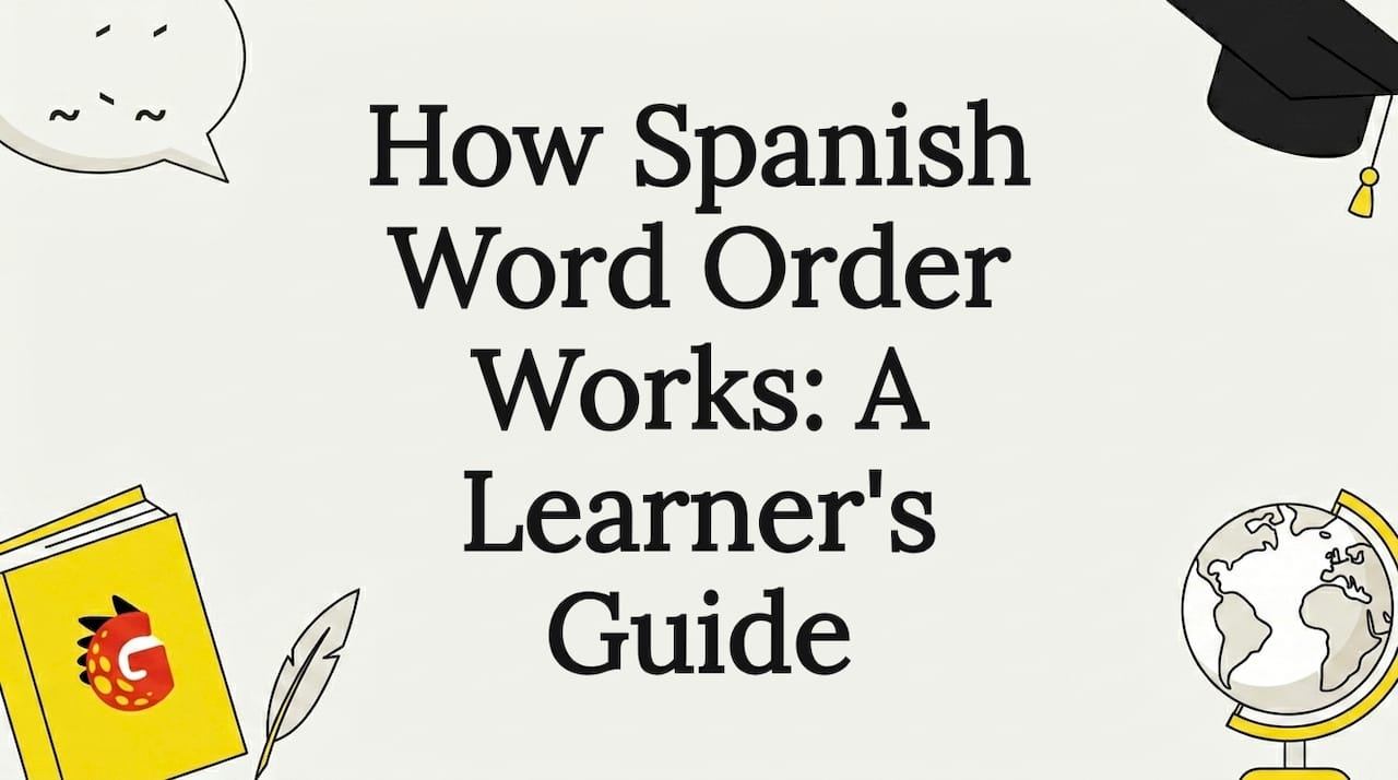 Spanish grammar guide title card illustration with book, cap, globe