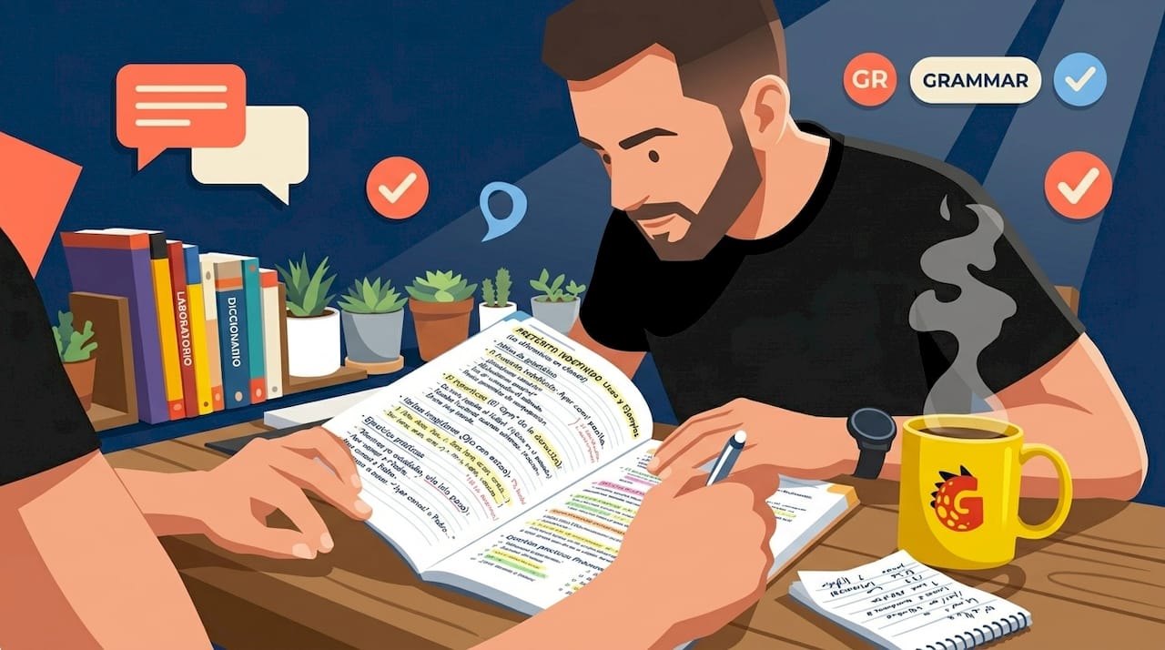 Adult man studying Spanish grammar at kitchen table