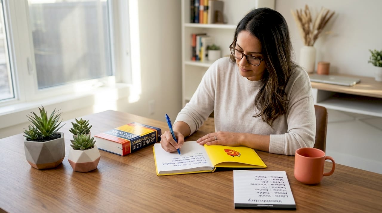 Adult woman practicing Spanish grammar at kitchen table