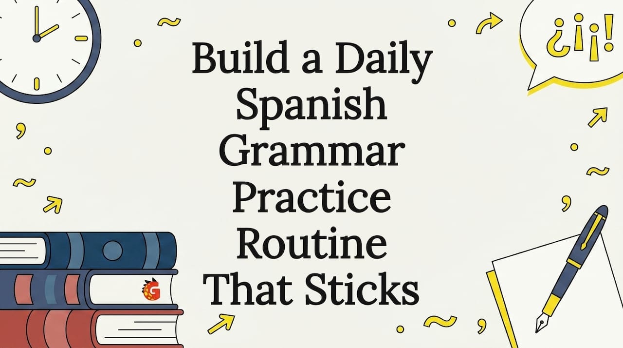 Decorative title card with Spanish grammar icons