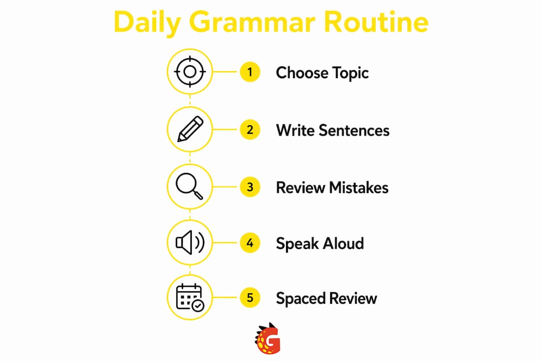 Infographic of daily Spanish grammar practice steps