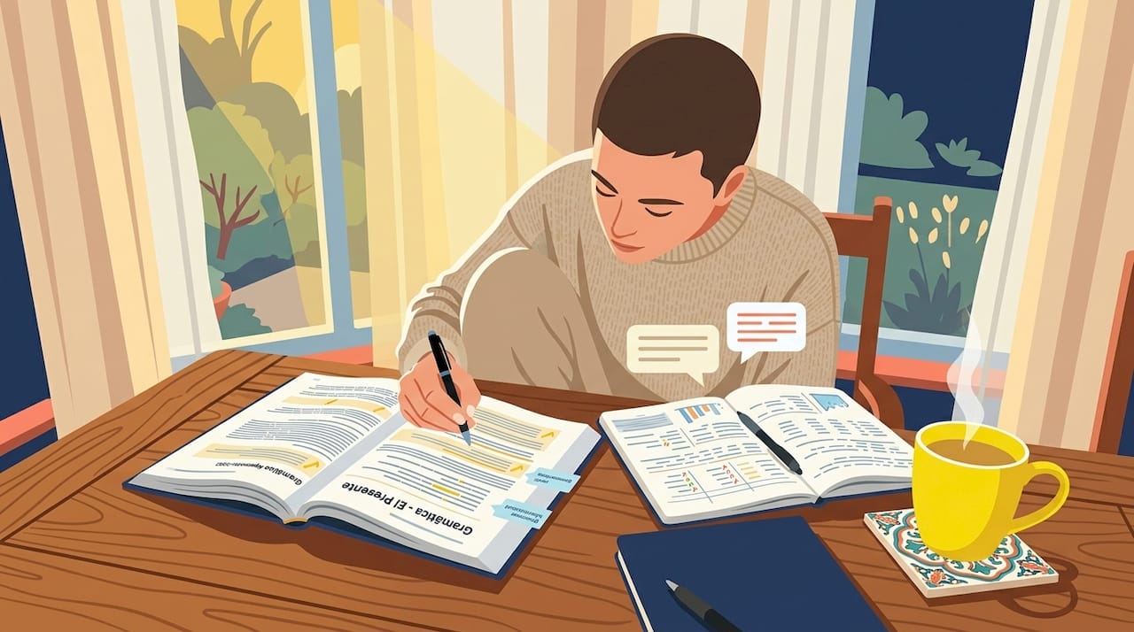 Person studying Spanish grammar at home desk