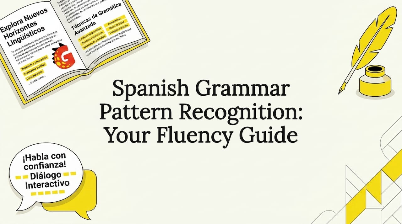 Decorative title card with Spanish grammar themed illustrations