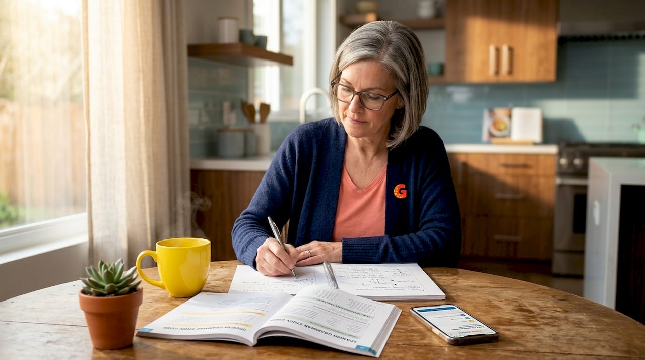 Adult learner studying Spanish grammar at home