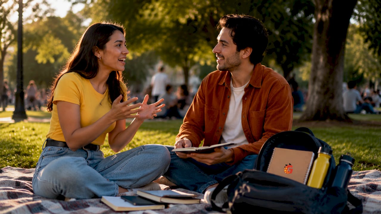 Two people conversing at outdoor café table