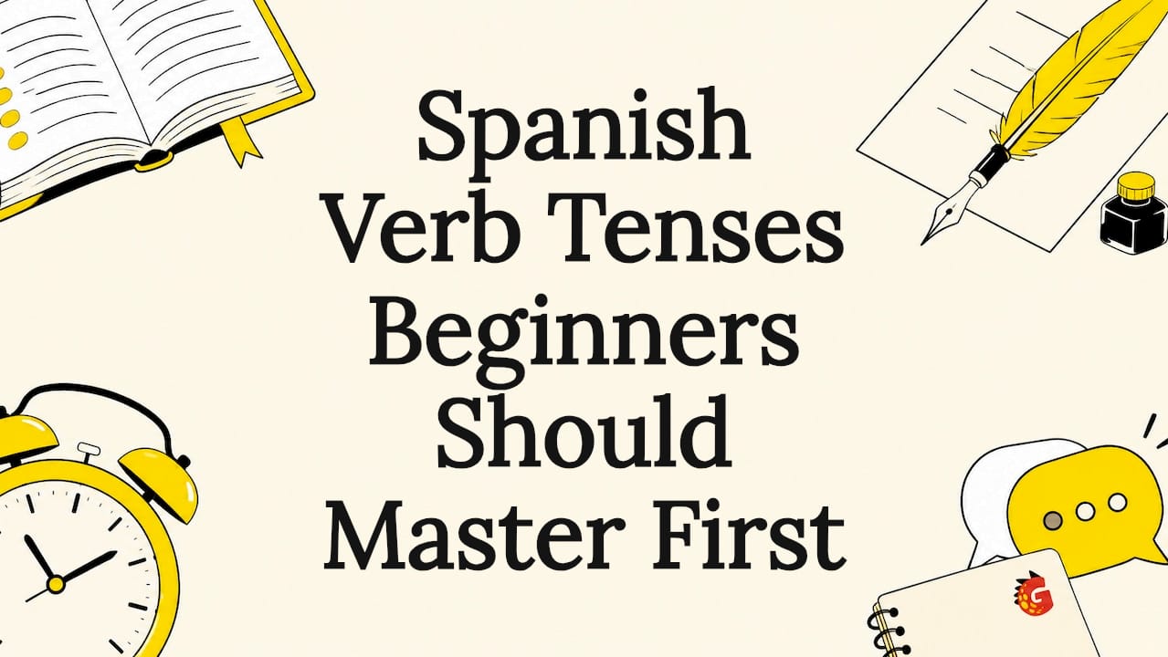 Decorative title card illustration with Spanish learning symbols