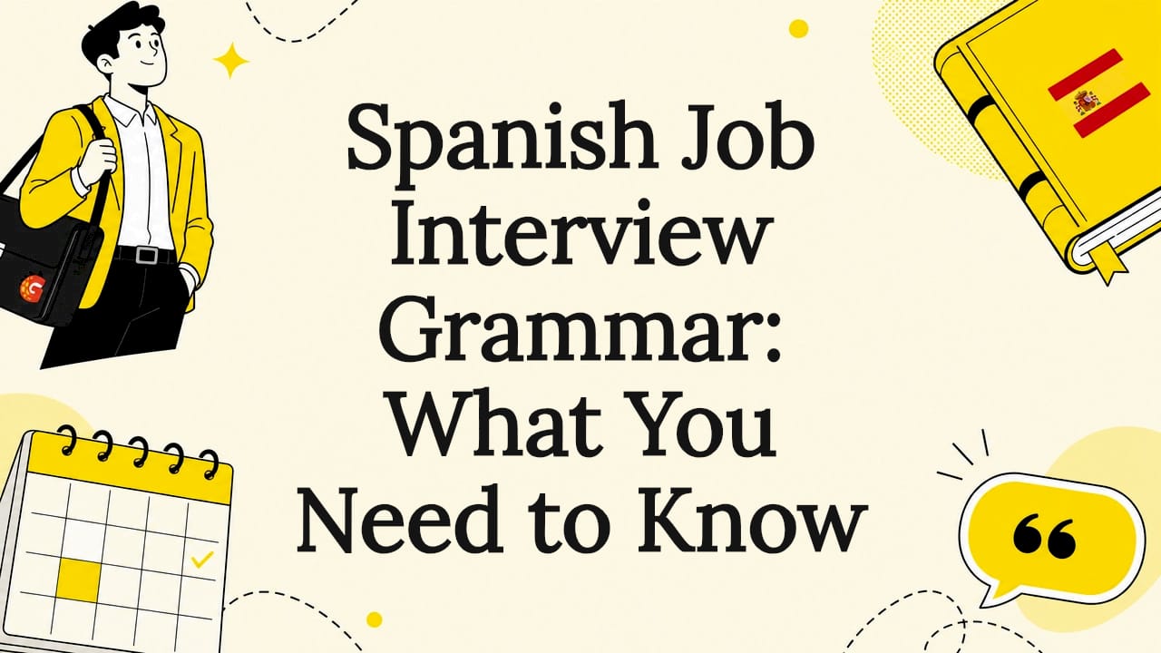 Decorative title card illustration with interview and language icons