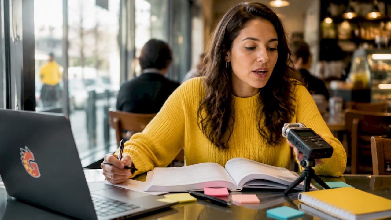 Adult learner recording Spanish speaking practice