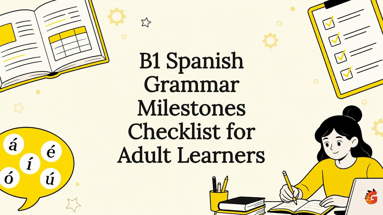 Decorative title card with Spanish grammar icons