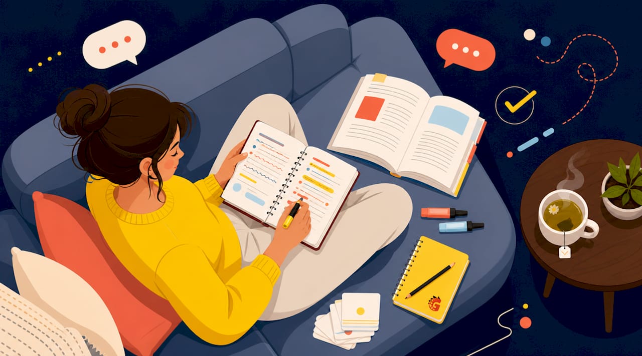 Young woman studying Spanish grammar exercises