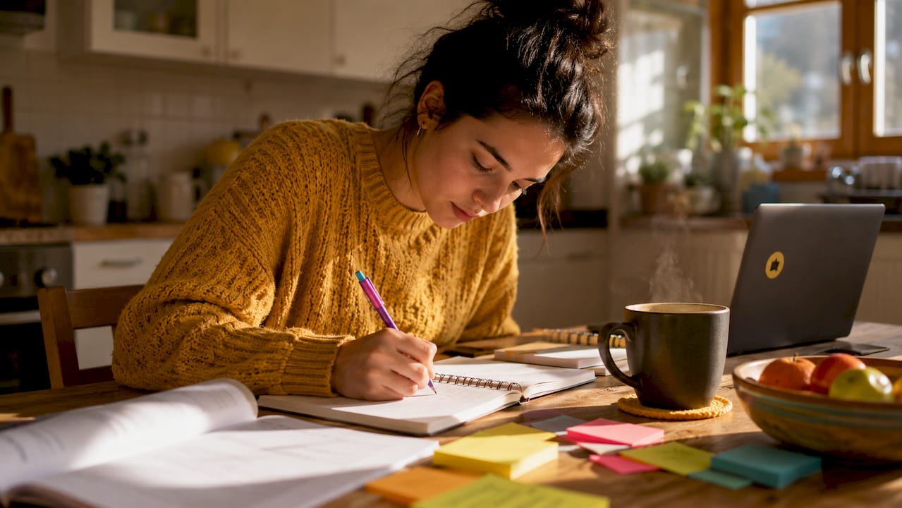 Young woman studying Spanish grammar notes