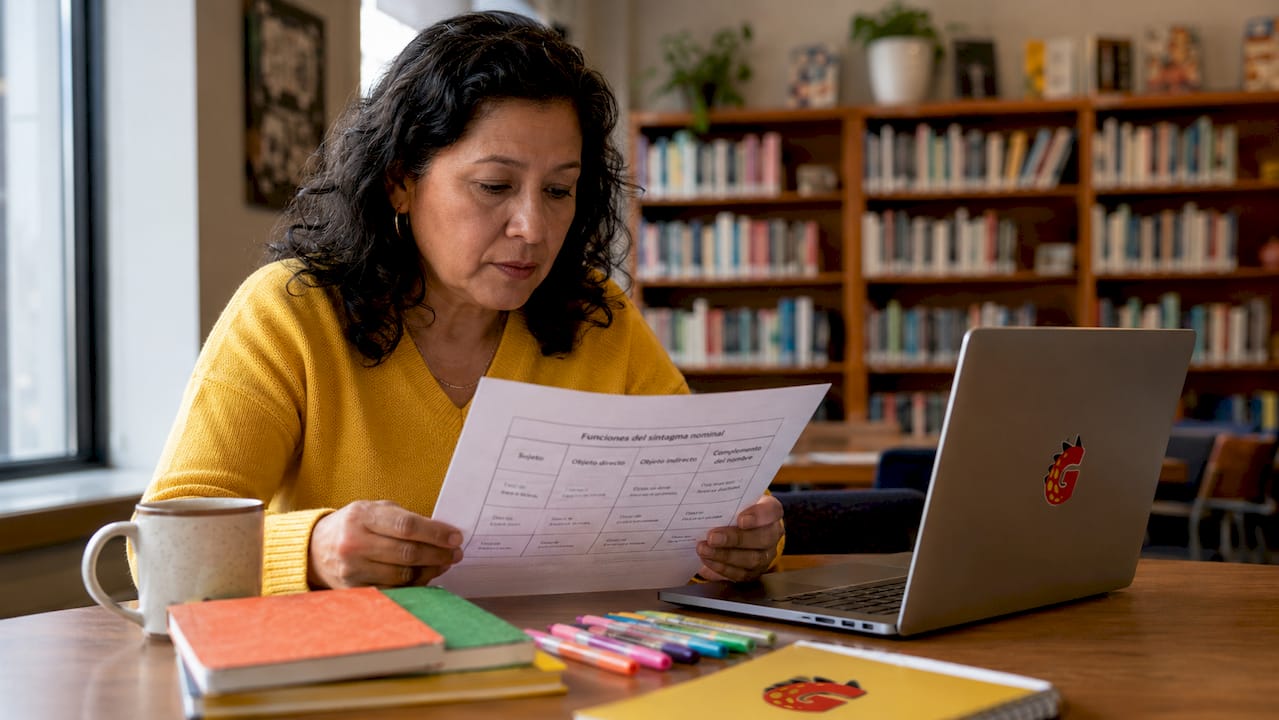Woman studying Spanish grammar roles