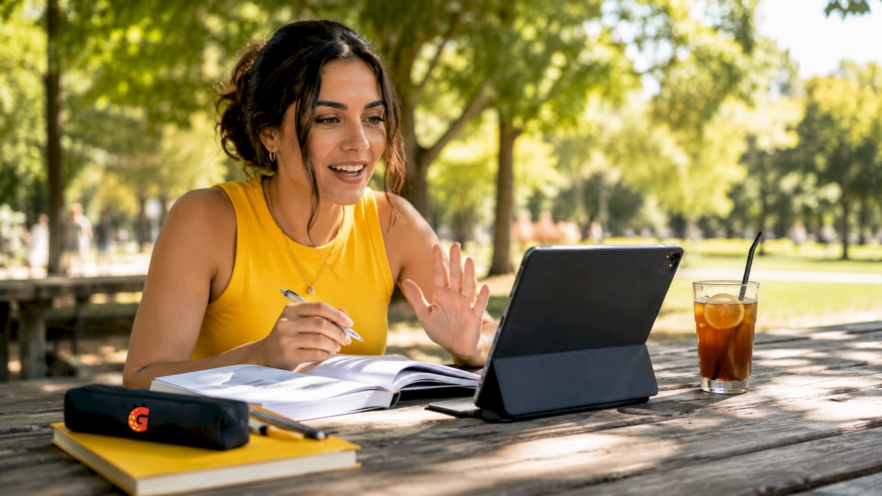 Adult woman practicing Spanish on laptop at café