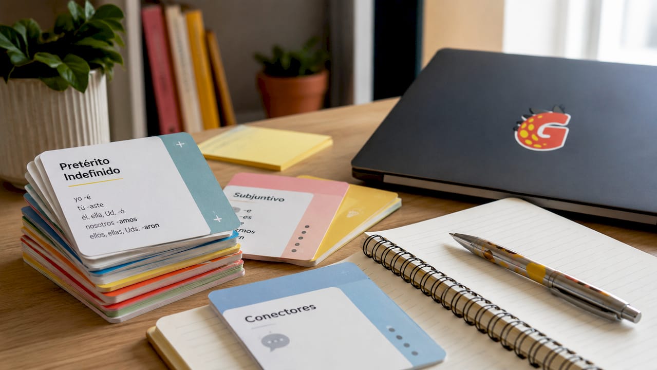 Desk with Spanish grammar flashcards and notebook