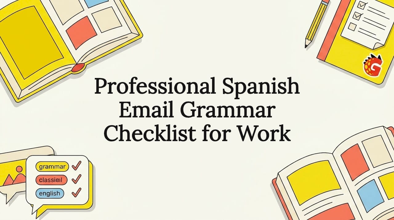 Stylized Spanish grammar illustration framing title