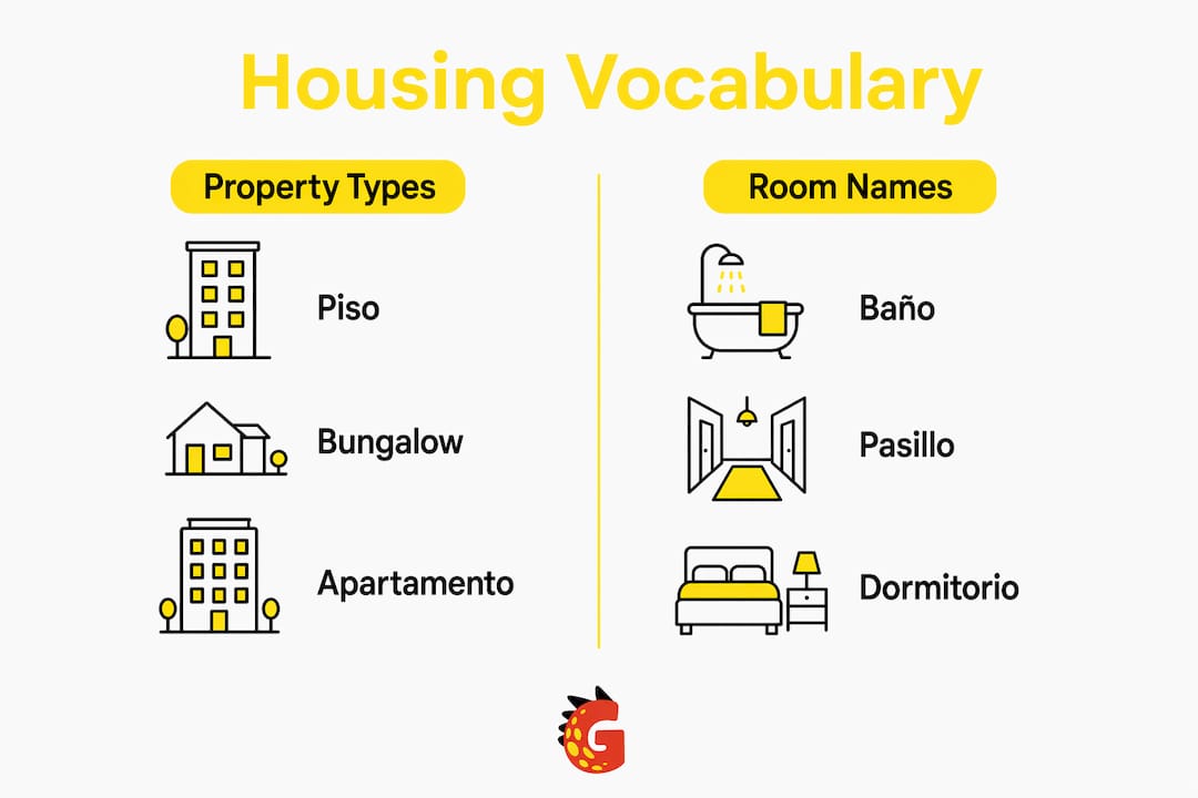 Infographic comparing property types and room names in Spanish