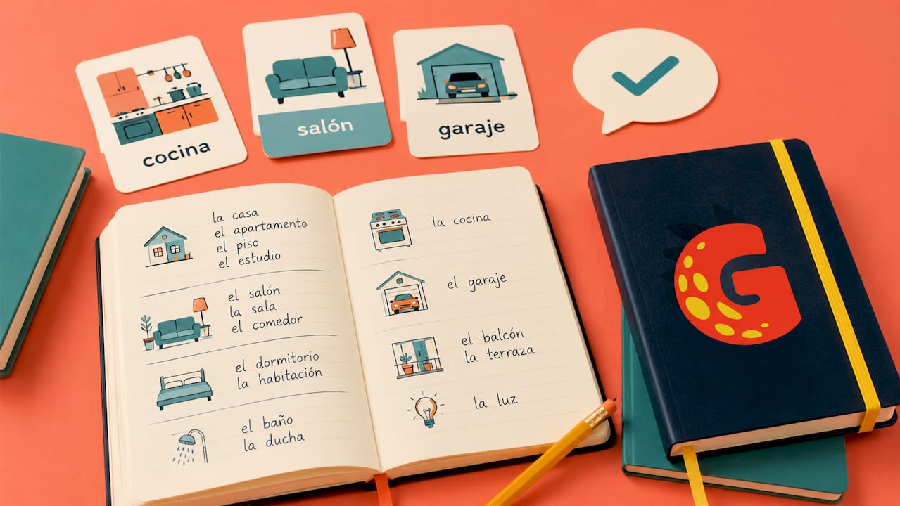 Spanish vocabulary learning materials flat illustration