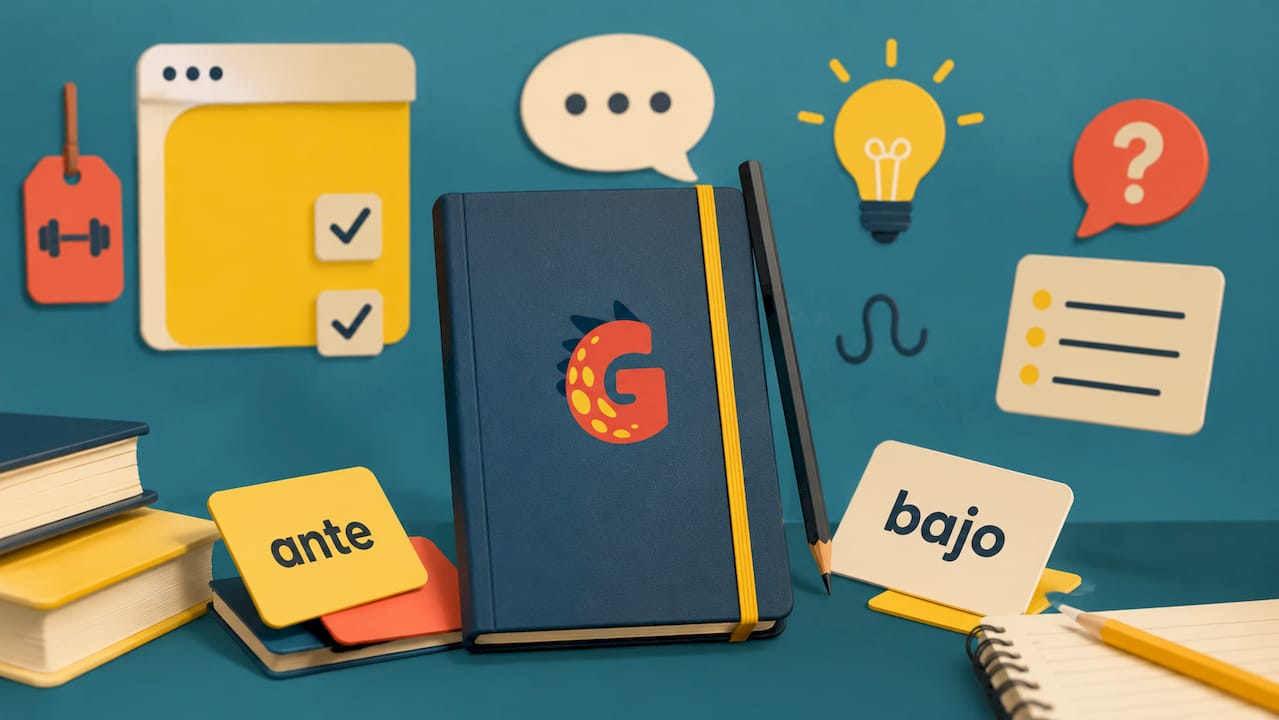 Flat vector Spanish practice notebook and flashcards