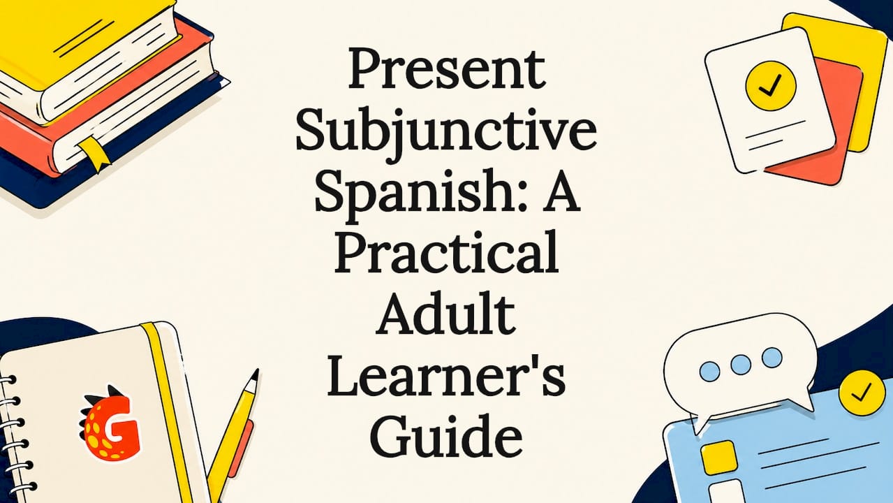 Decorative Spanish grammar title card illustration