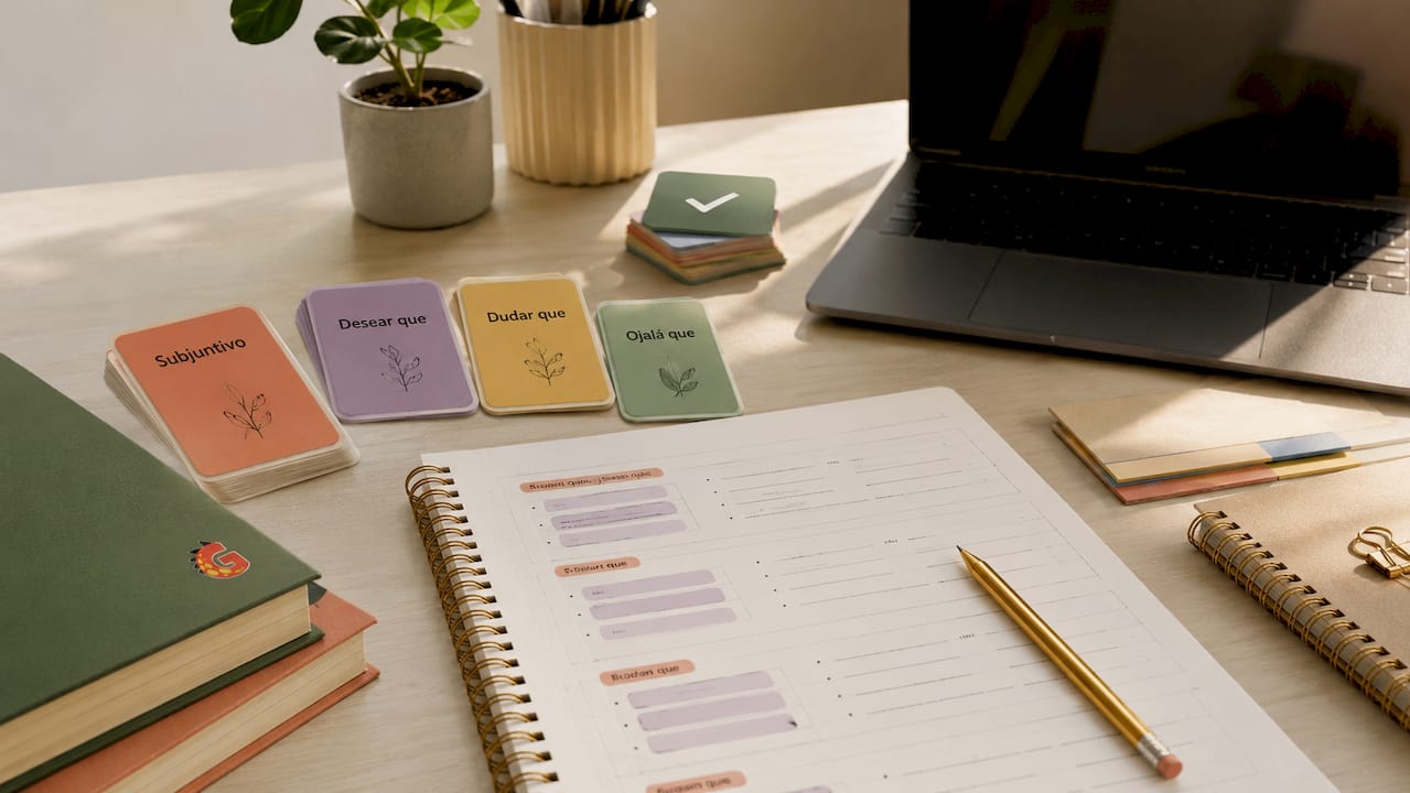 Study desk with Spanish grammar materials