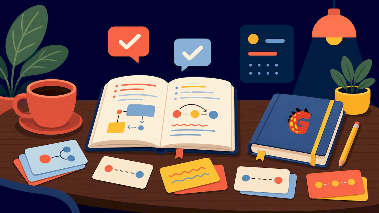 Flat vector study desk with Spanish grammar tools