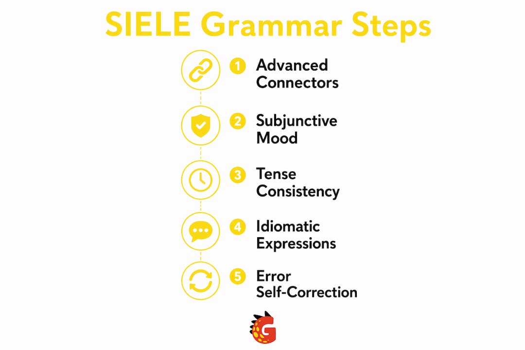 Infographic outlining key SIELE grammar preparation steps
