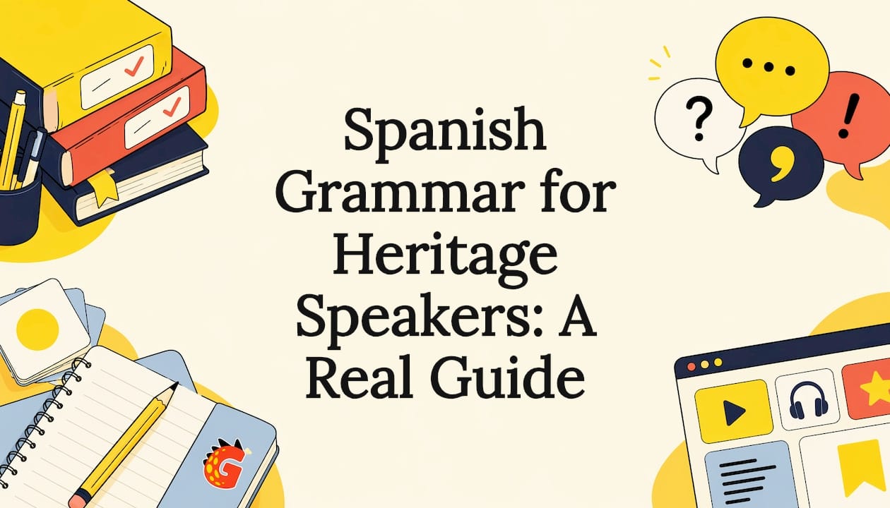 Decorative Spanish grammar learning elements framing title