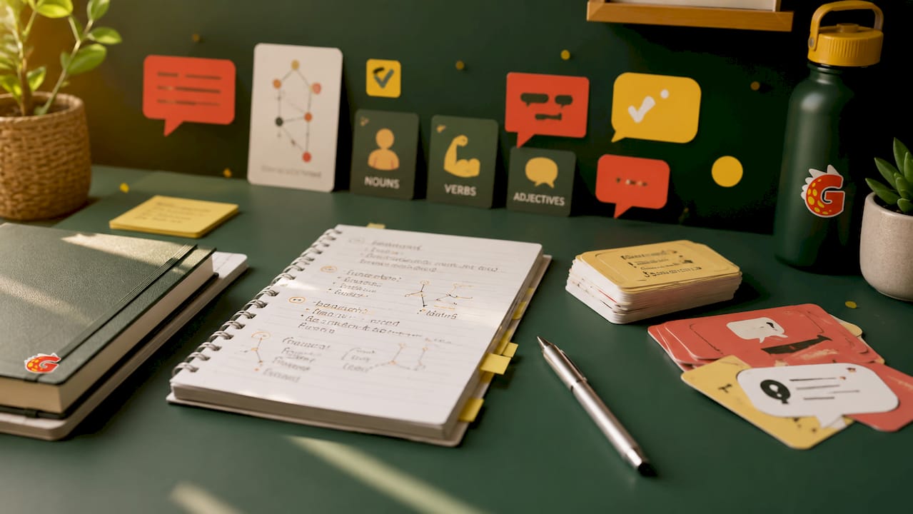 Flat vector desktop with grammar study materials