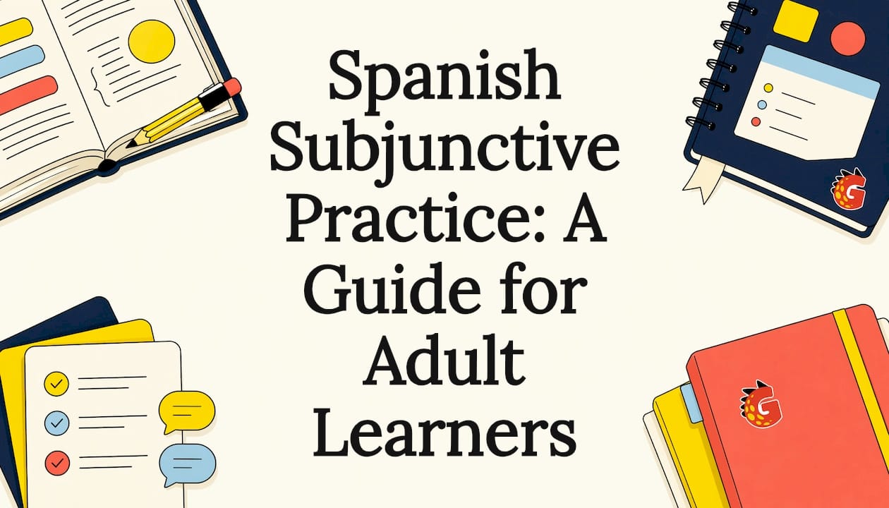 Decorative Spanish grammar illustration framing title
