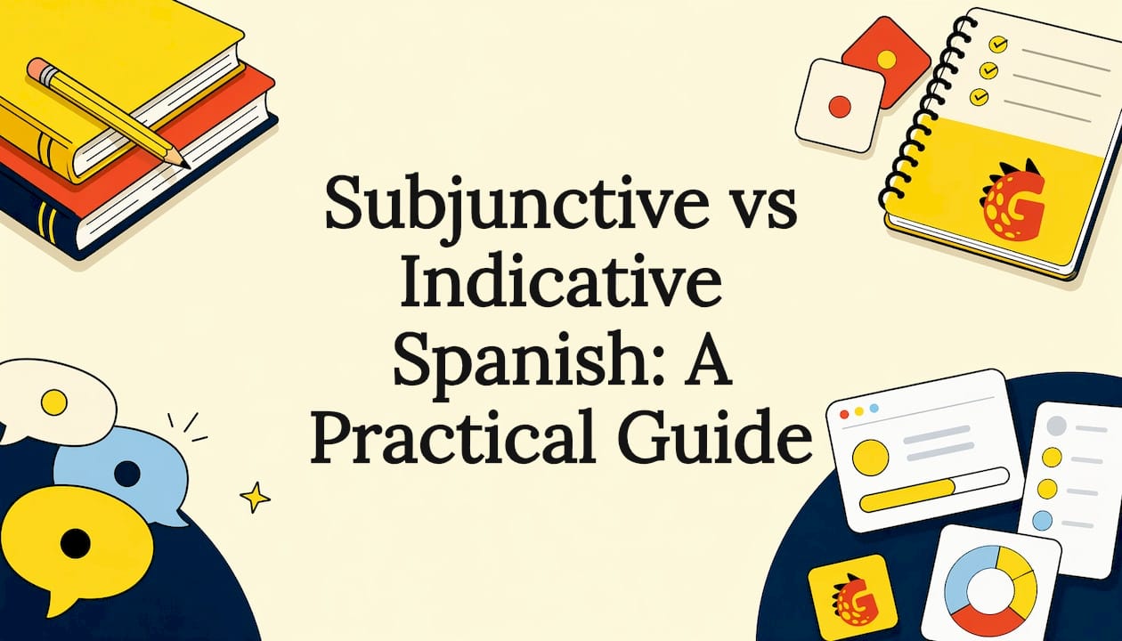 Decorative title card with Spanish grammar learning elements