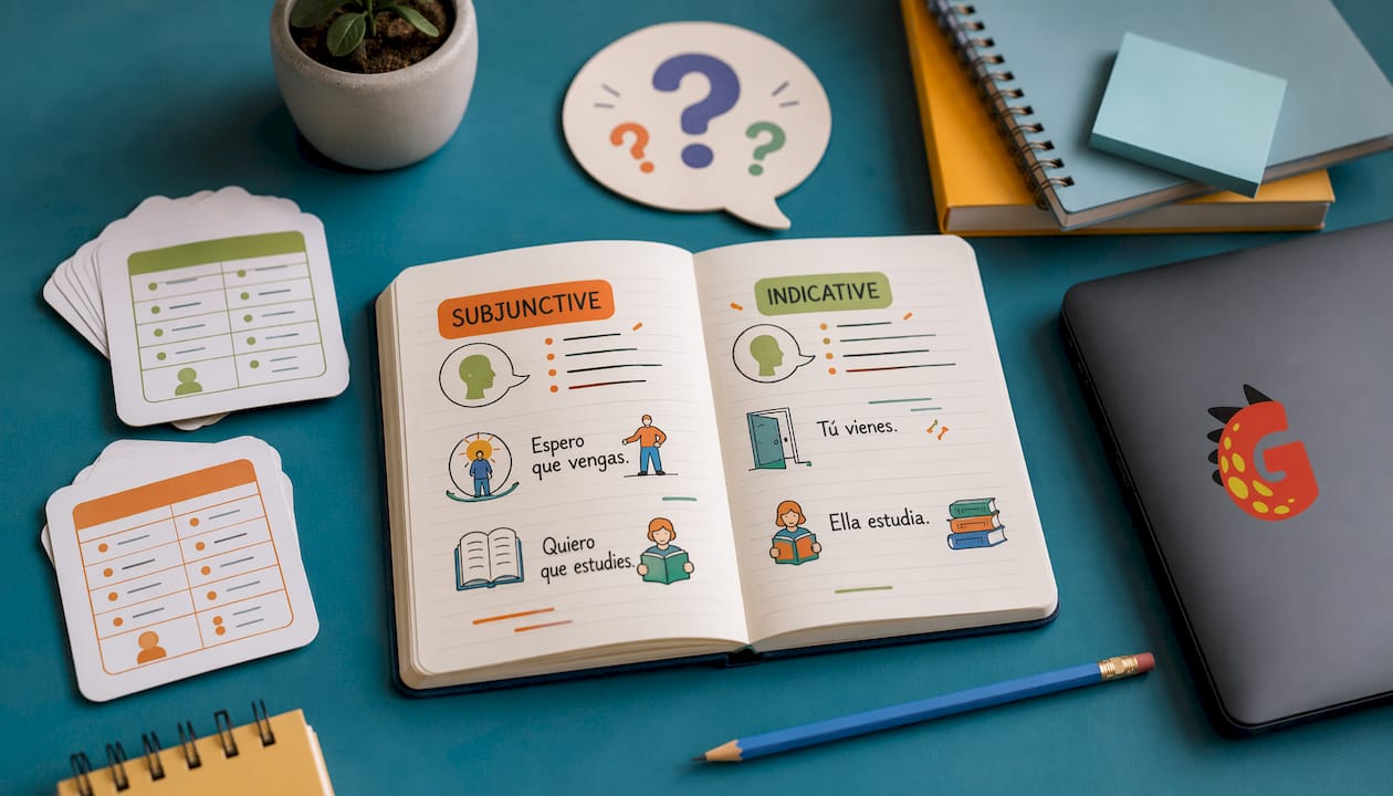 Spanish grammar learning workspace with books and flashcards