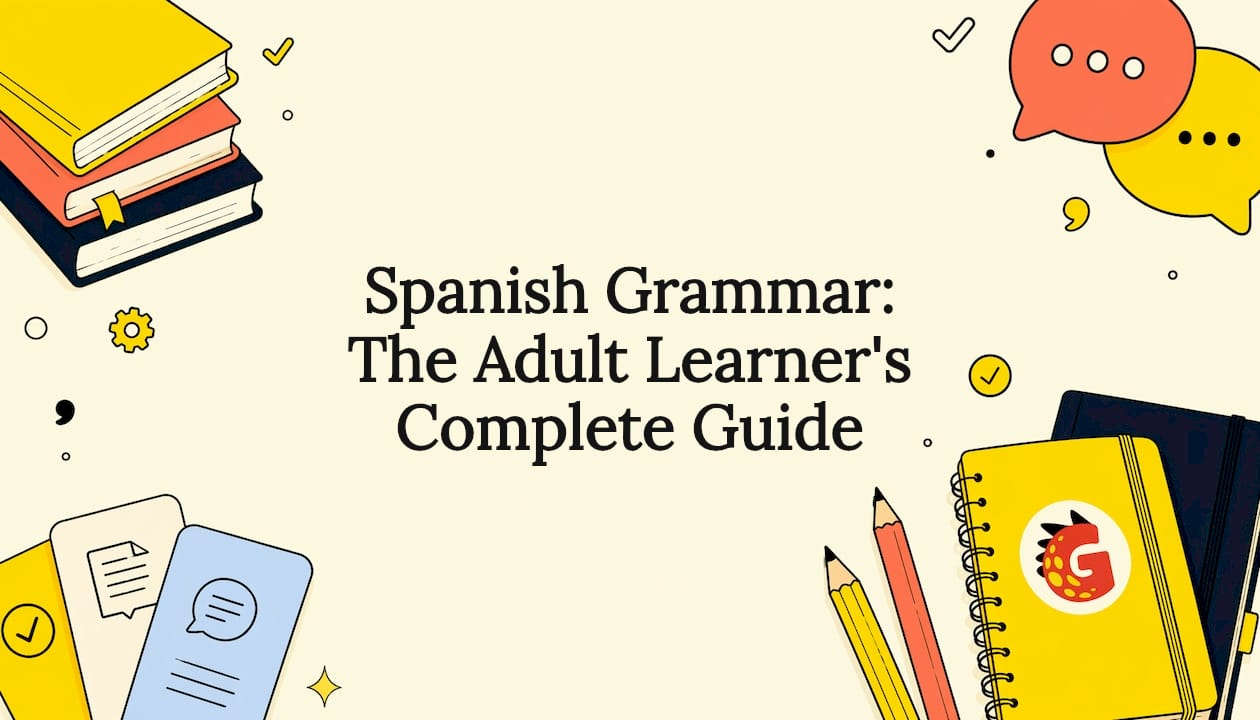 Decorative Spanish grammar title card illustration