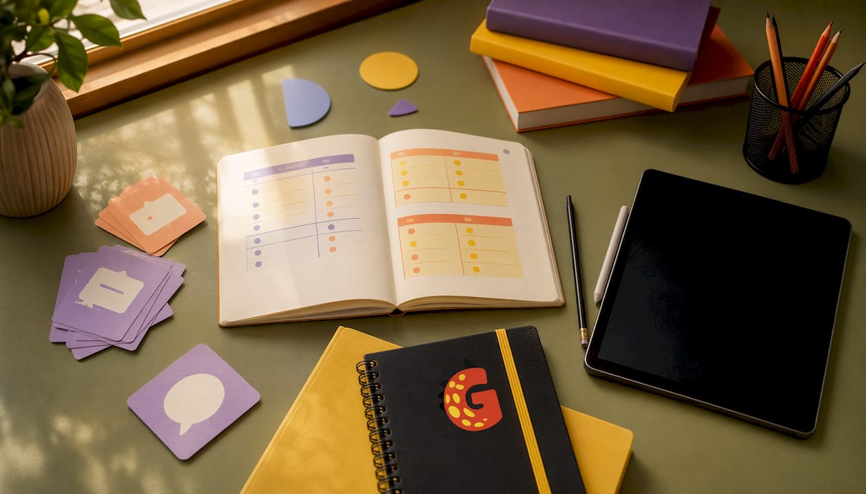 Desktop with Spanish verbs study materials