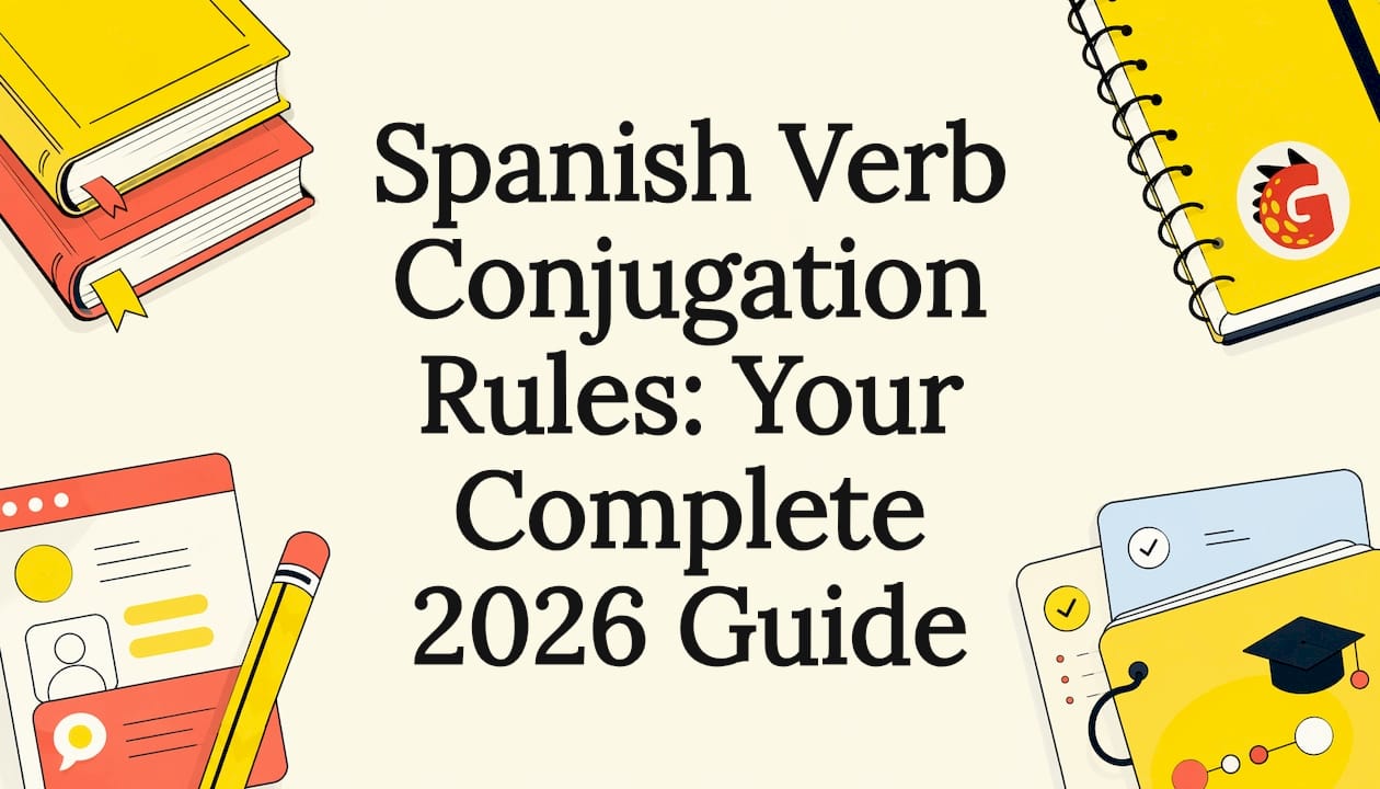 Decorative Spanish grammar title card illustration