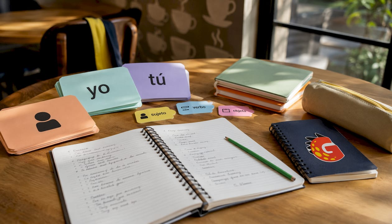 Spanish subject pronouns learning workspace illustration