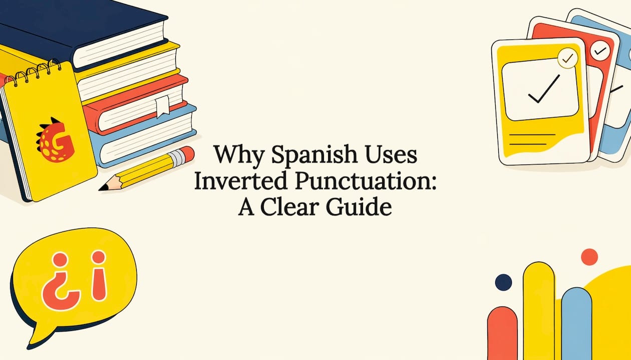 Decorative Spanish grammar learning illustration around title
