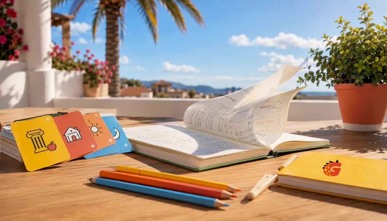 Flat vector study desk with Spanish grammar items