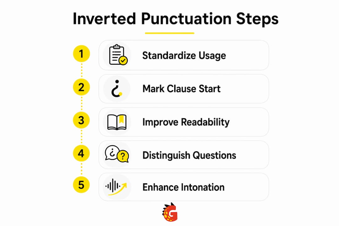Infographic illustrating steps of inverted punctuation use