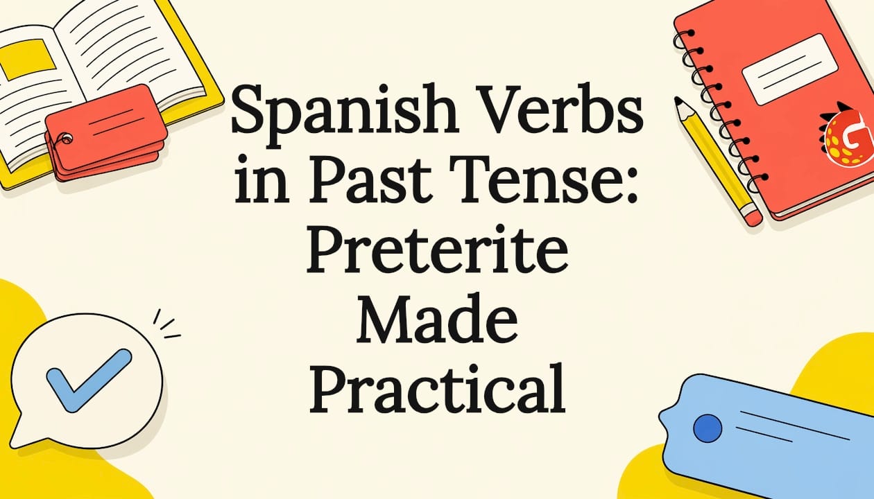Decorative Spanish grammar learning illustration framing title