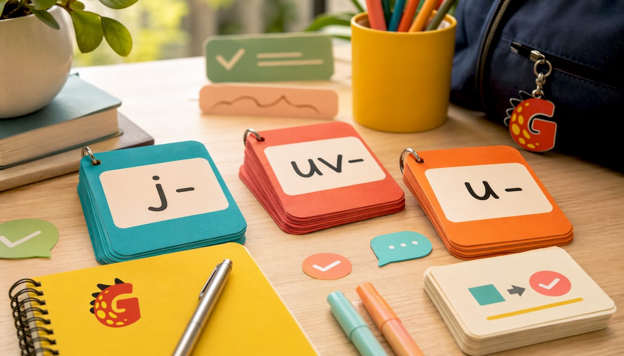 Colorful flashcards showing irregular Spanish verbs stems