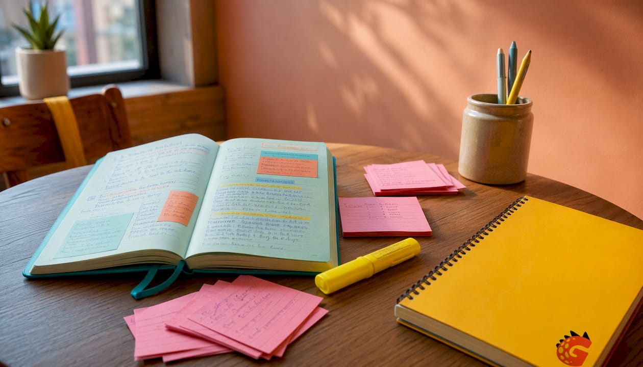 Flat vector of study desk with Spanish verb materials