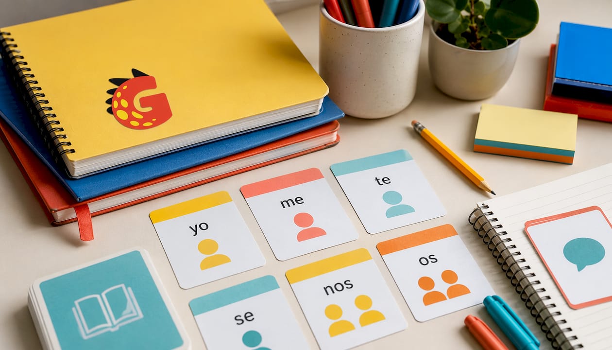 Flat vector close-up of reflexive verb learning tools
